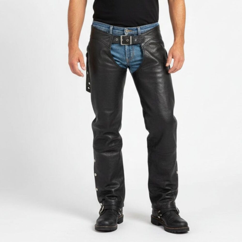 Interstate Leather Men's Black 100% Leather Black Motorcycle Riding Chaps XL